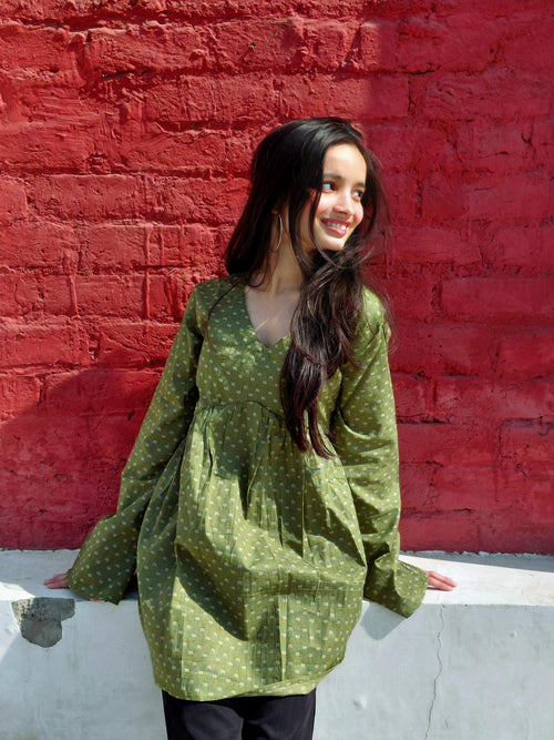 Sara Olive Earth Short Kurti - Floral V-Neck Bell Sleeve Kurti