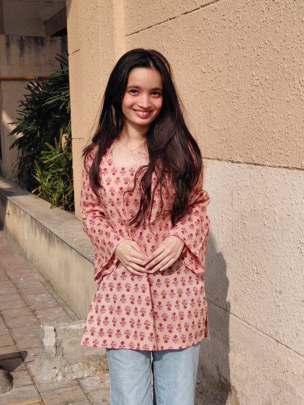 Women's pink floral short kurti – The Julie Kurti Blush Blossom by Roop Tara