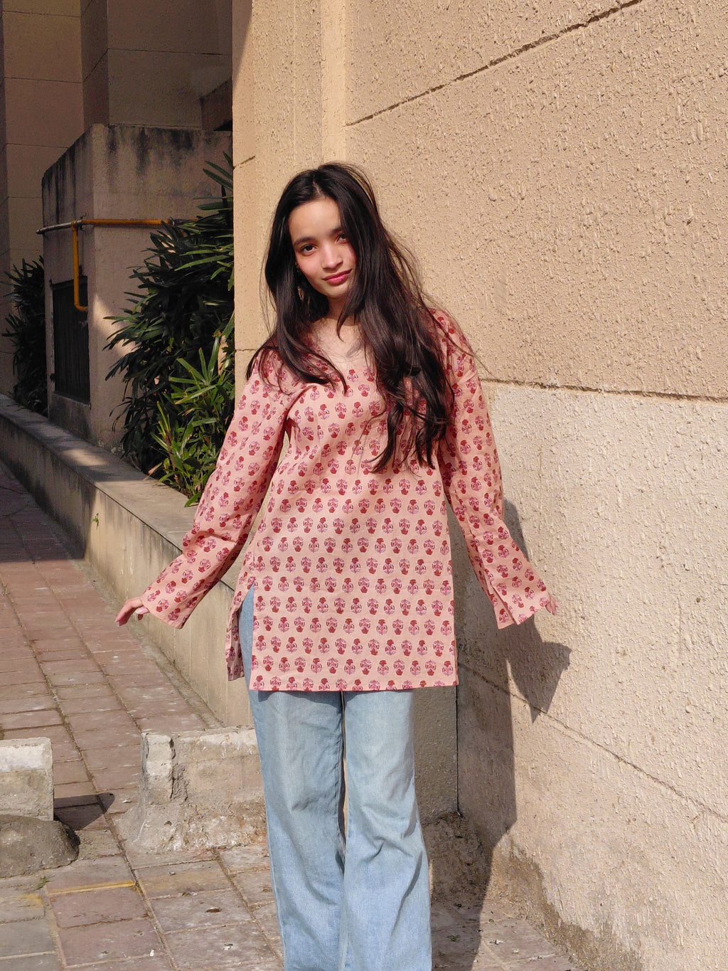 Women's pink floral short kurti – The Julie Kurti Blush Blossom by Roop Tara