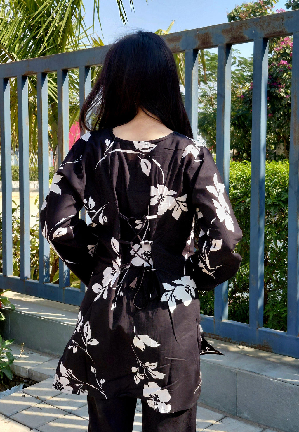 The Tara Set - Black & White Floral Kurti with Corset Back