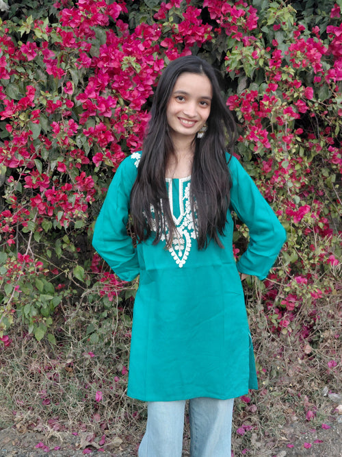 Bani Teal Bloom Short Kurti - Embroidered Rayon Ethnic Wear