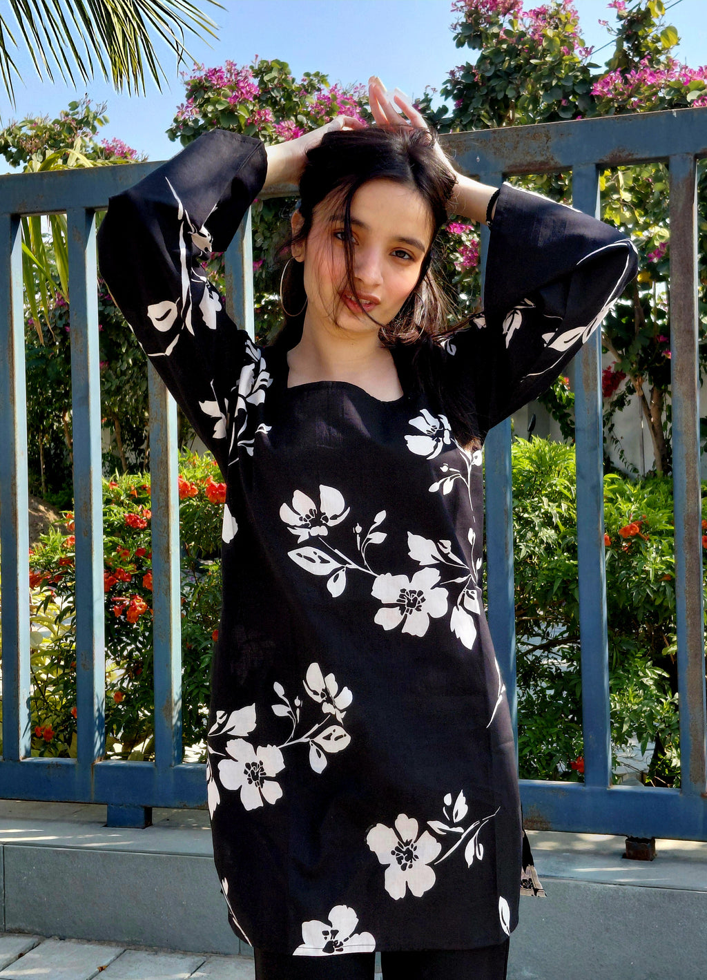 The Tara Set - Black & White Floral Kurti with Corset Back