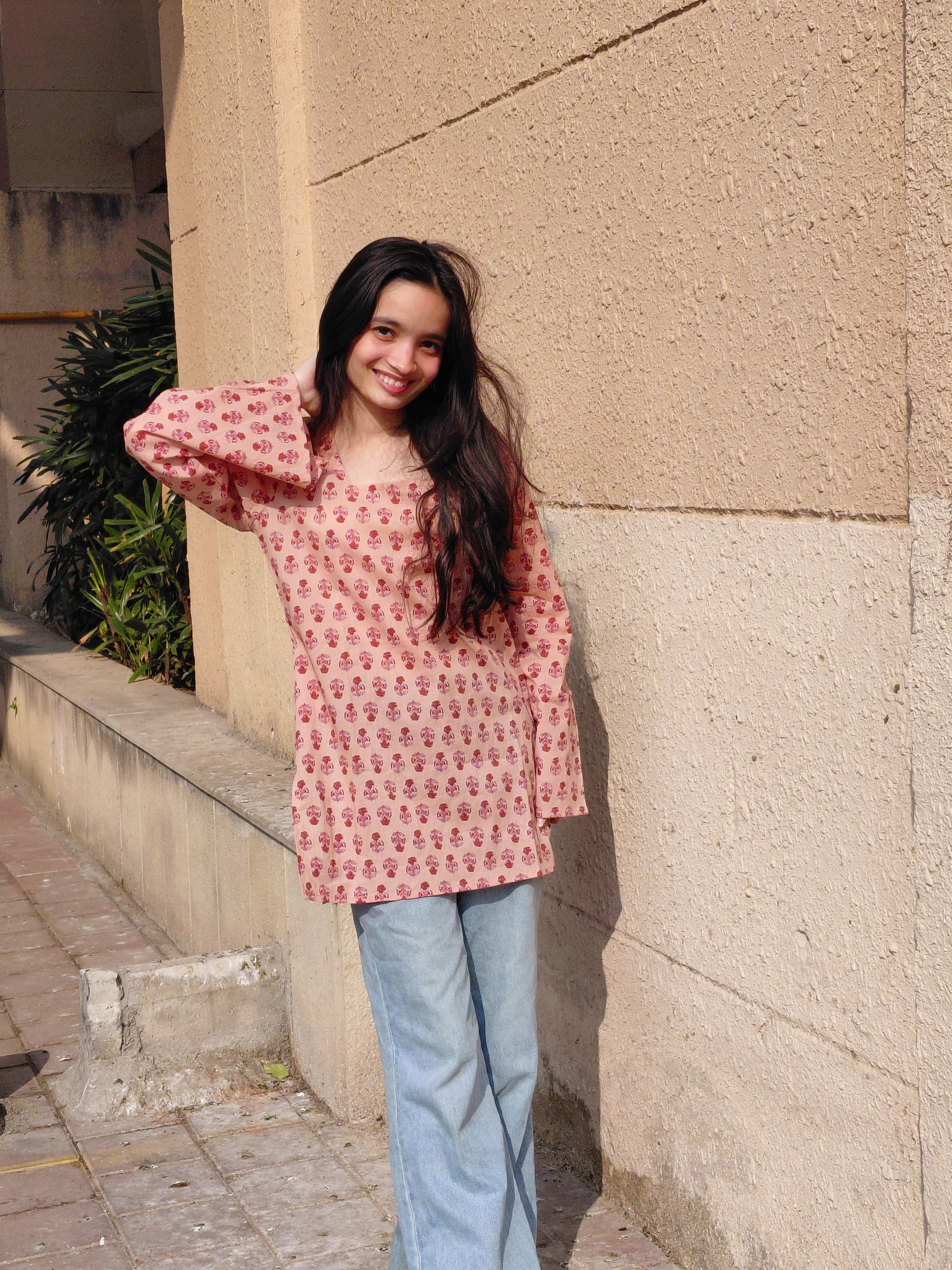 Women's pink floral short kurti – The Julie Kurti Blush Blossom by Roop Tara