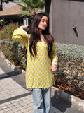 Amaya yellow printed kurti square neck with lace tassels front view, Roop Tara Jaipur handcrafted ethnic wear