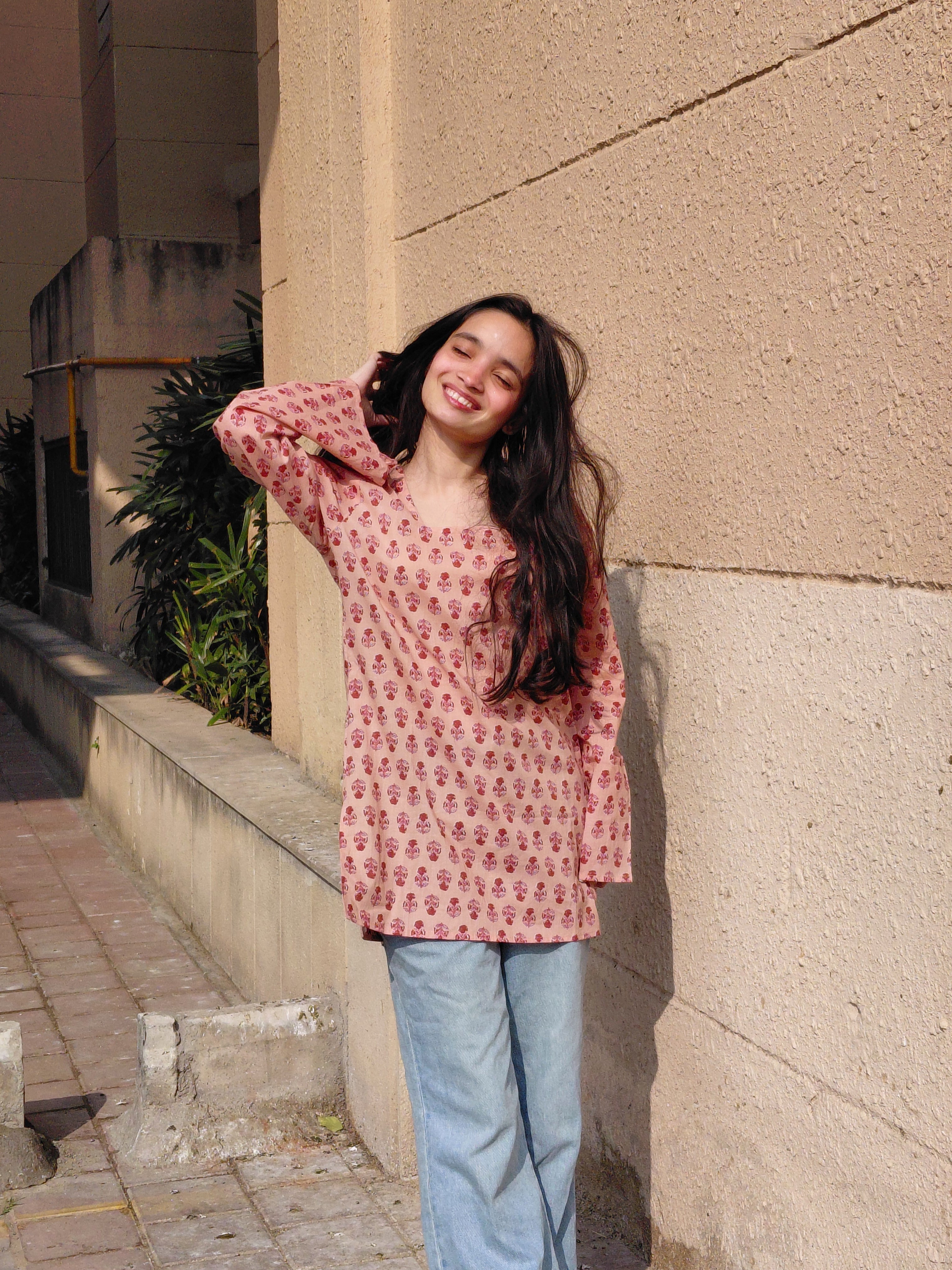 Women's pink floral short kurti – The Julie Kurti Blush Blossom by Roop Tara