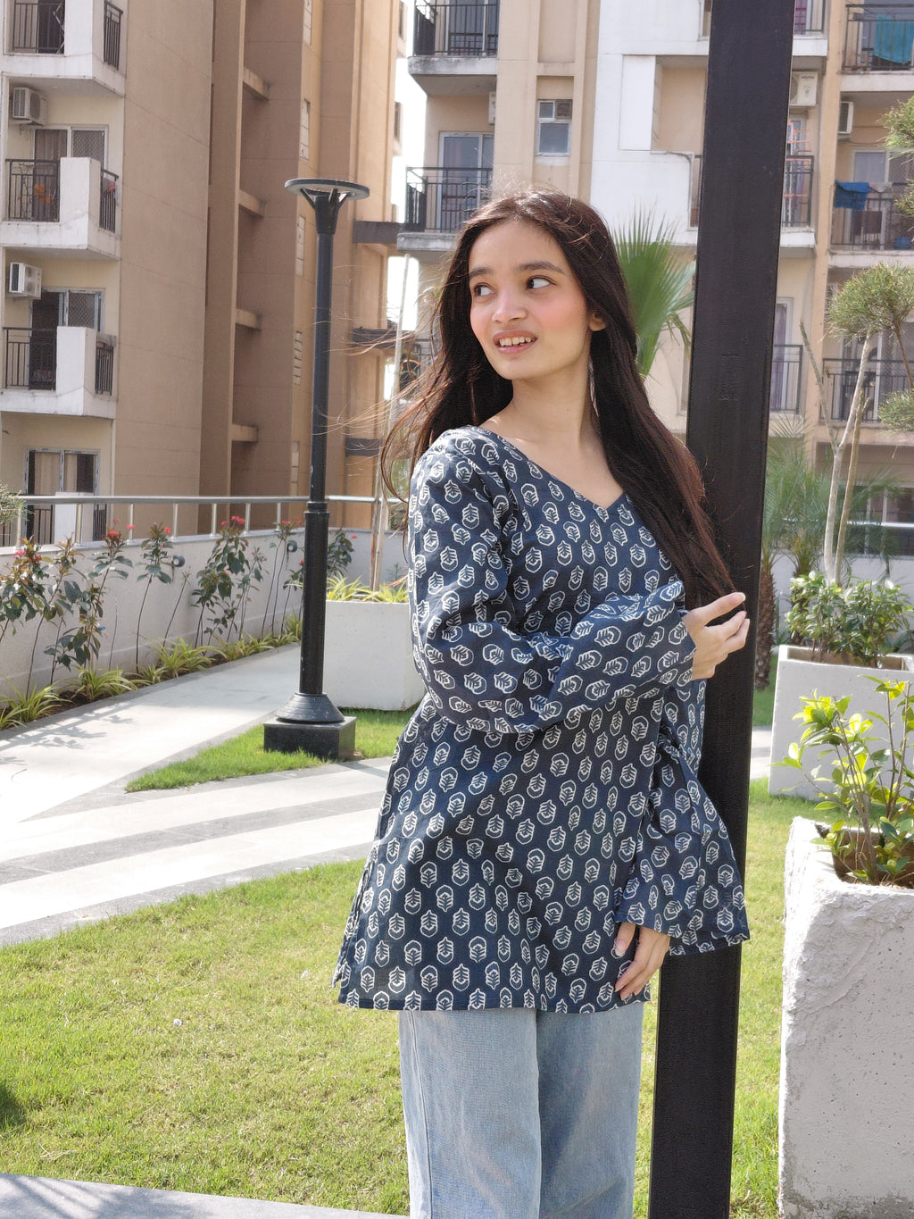 The Riva Kurti - Charcoal Grey Floral with Bell Sleeves