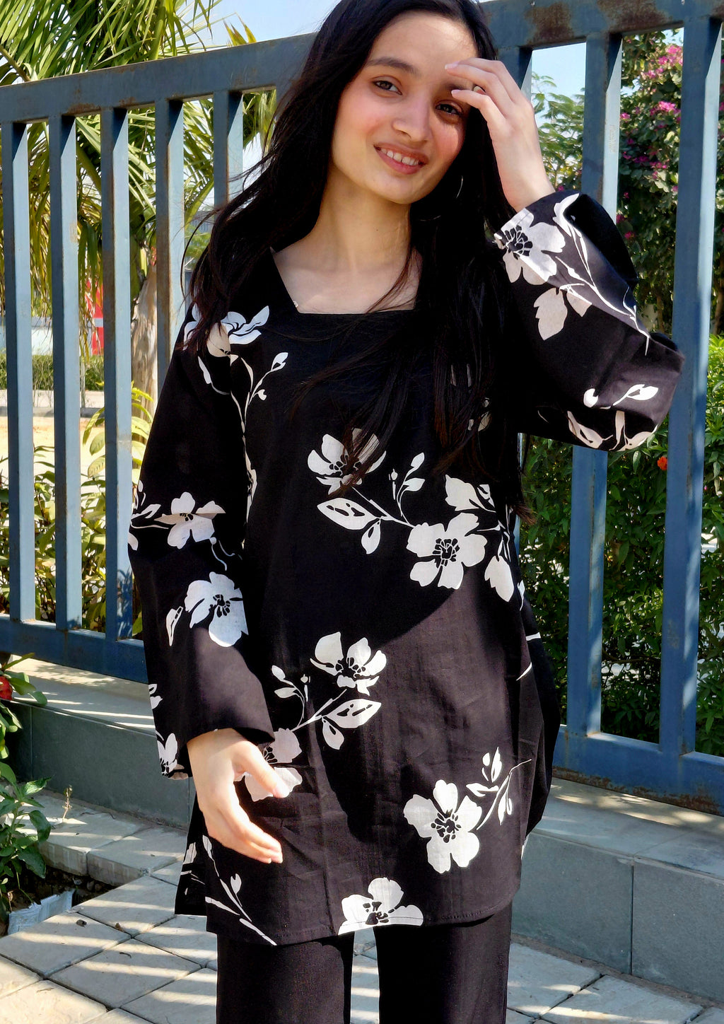 The Tara Set - Black & White Floral Kurti with Corset Back