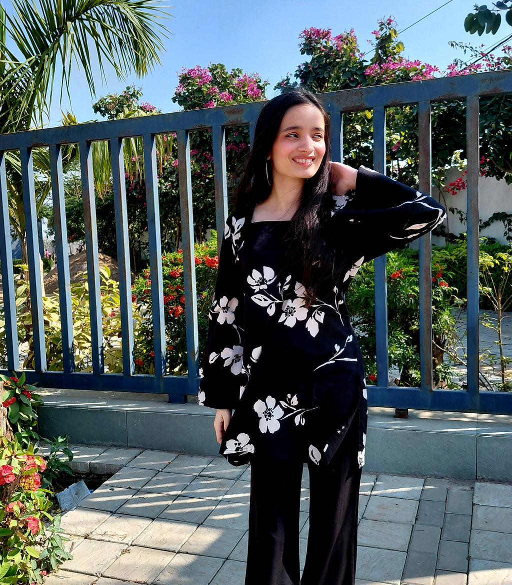 The Tara Set - Black & White Floral Kurti with Corset Back