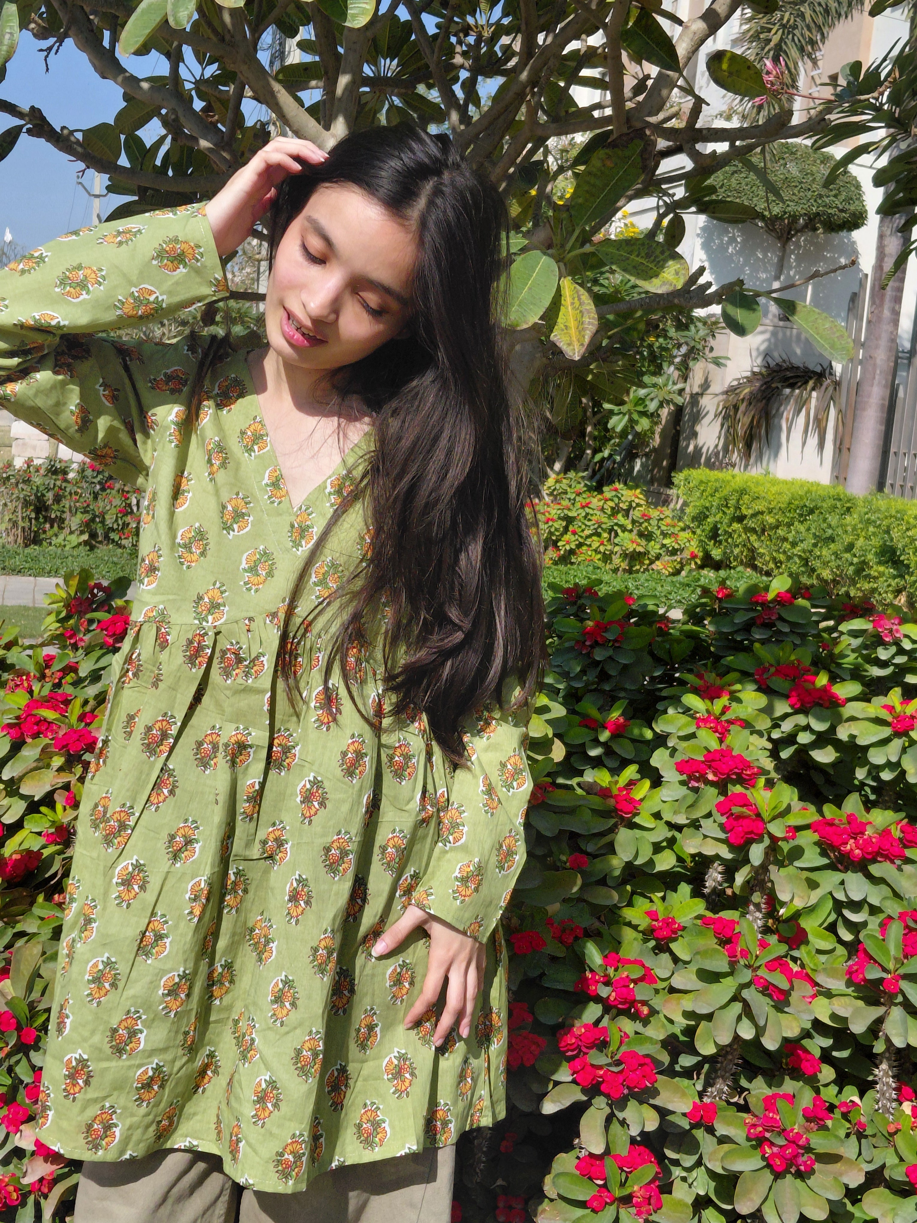 The Avni Sage Floral Peplum Kurti