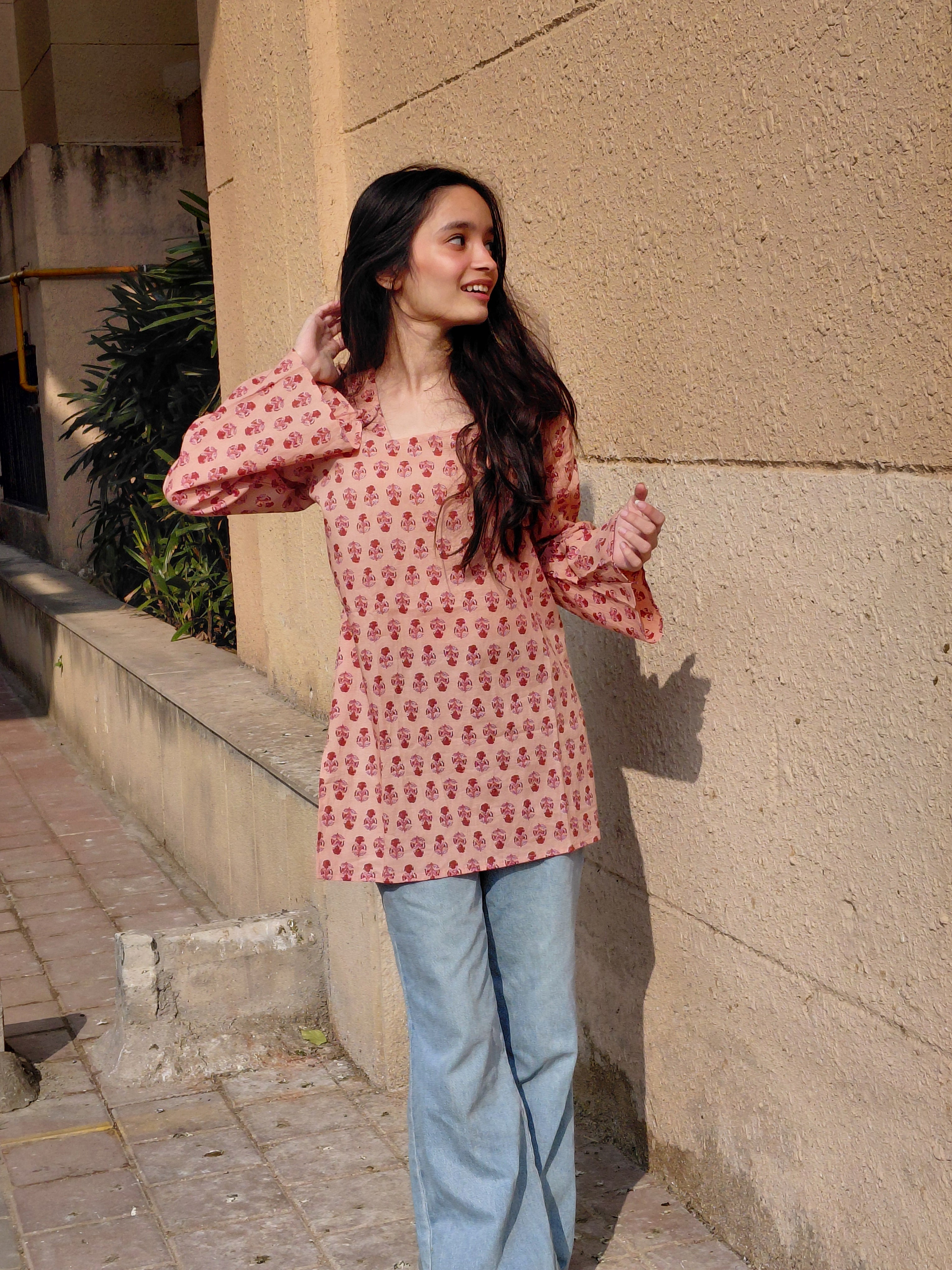 Women's pink floral short kurti – The Julie Kurti Blush Blossom by Roop Tara