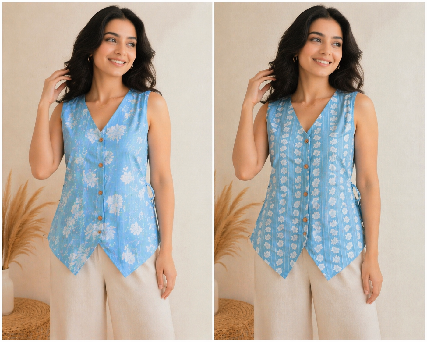 Close up of the breathable cotton fabric and asymmetrical hemline on the Heer Blue Floral Kurti.