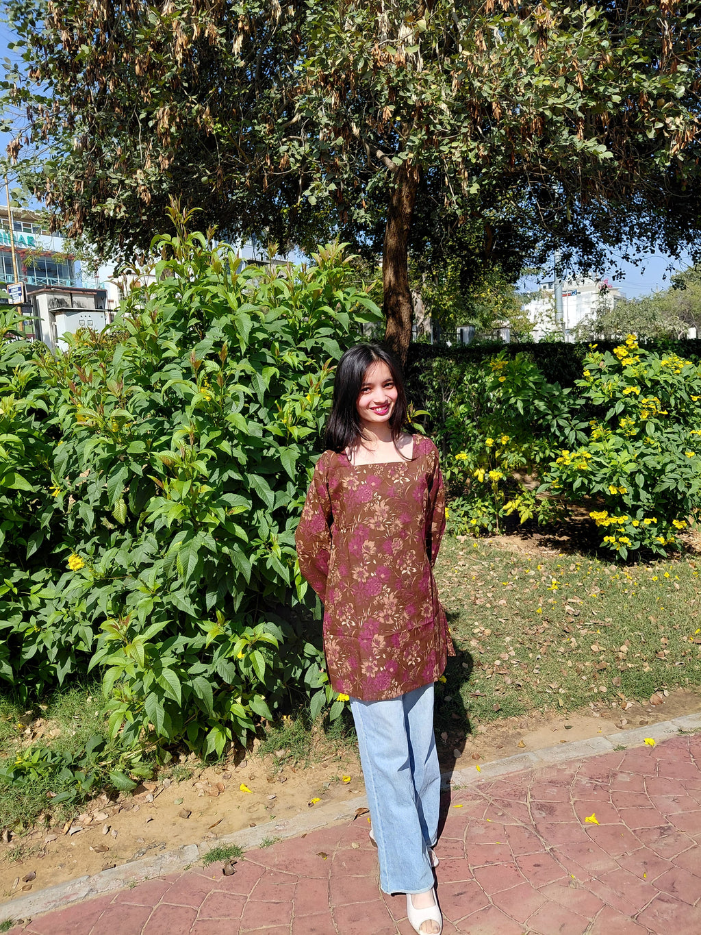 Diya Earthy Autumn Short Kurti - Brown Floral Bell Sleeve Kurti