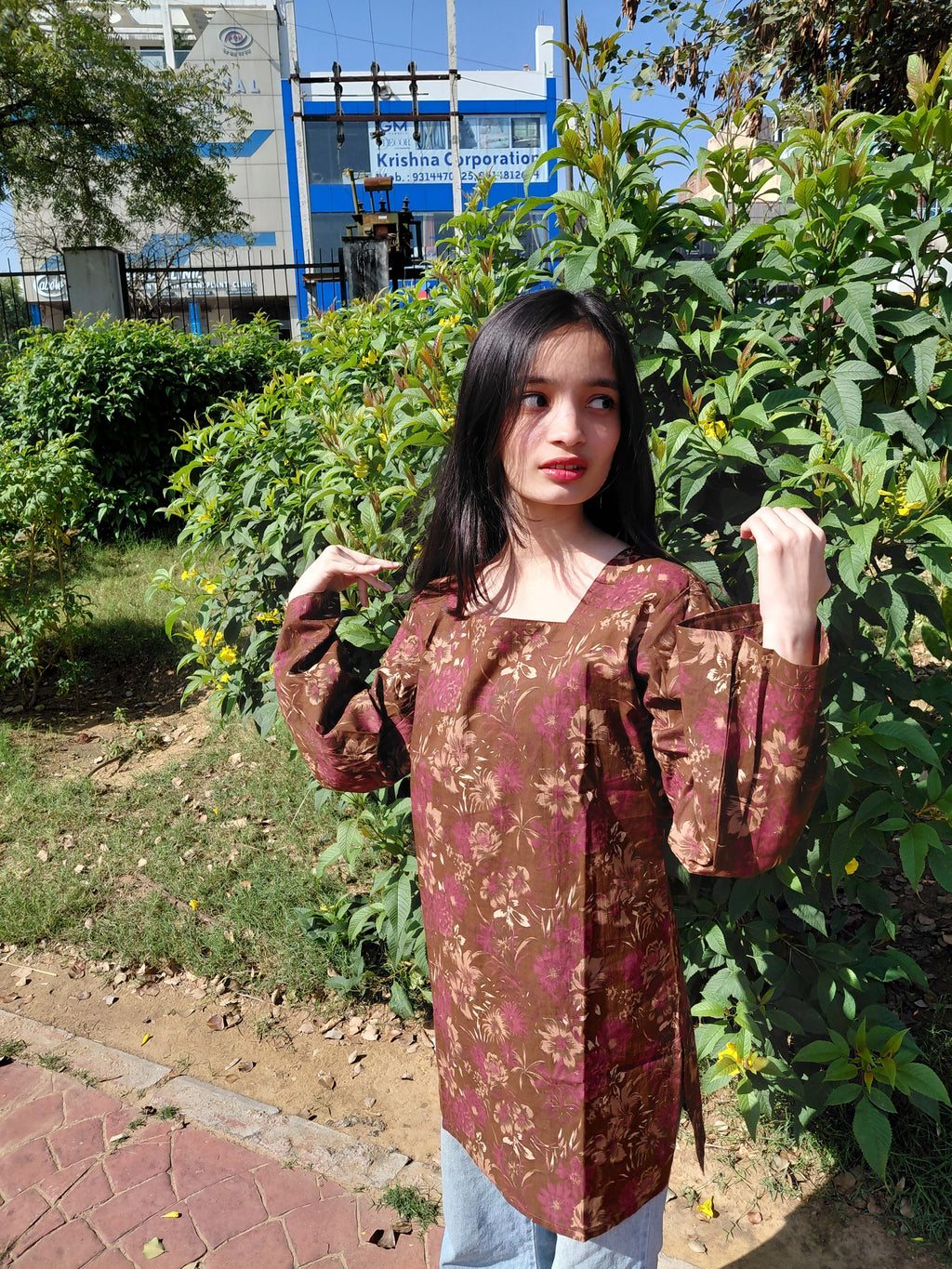 Diya Earthy Autumn Short Kurti - Brown Floral Bell Sleeve Kurti