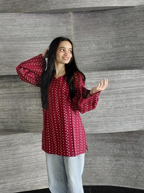 Pia Deep Red Bandhani Corset Kurti