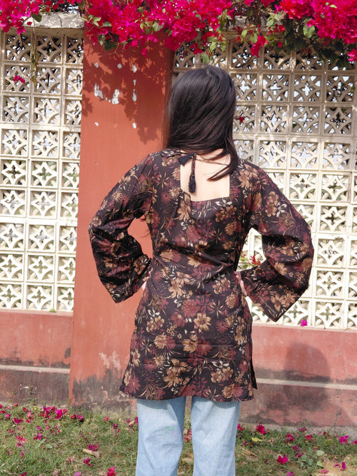 Saanvi Midnight Garden Floral Kurti - Bell Sleeve Short Kurti