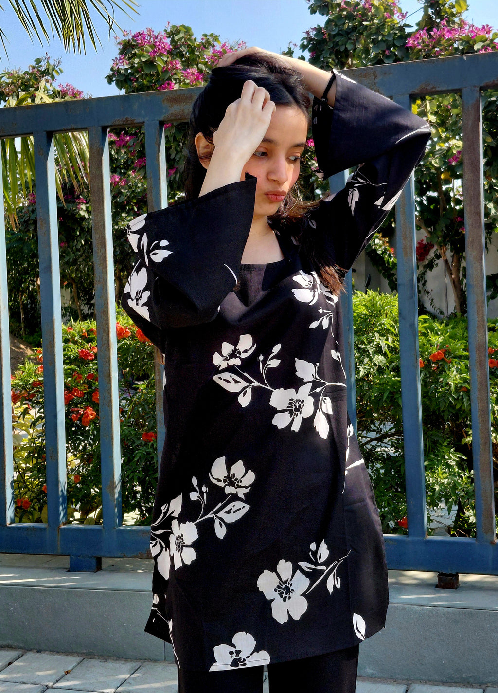 The Tara Set - Black & White Floral Kurti with Corset Back