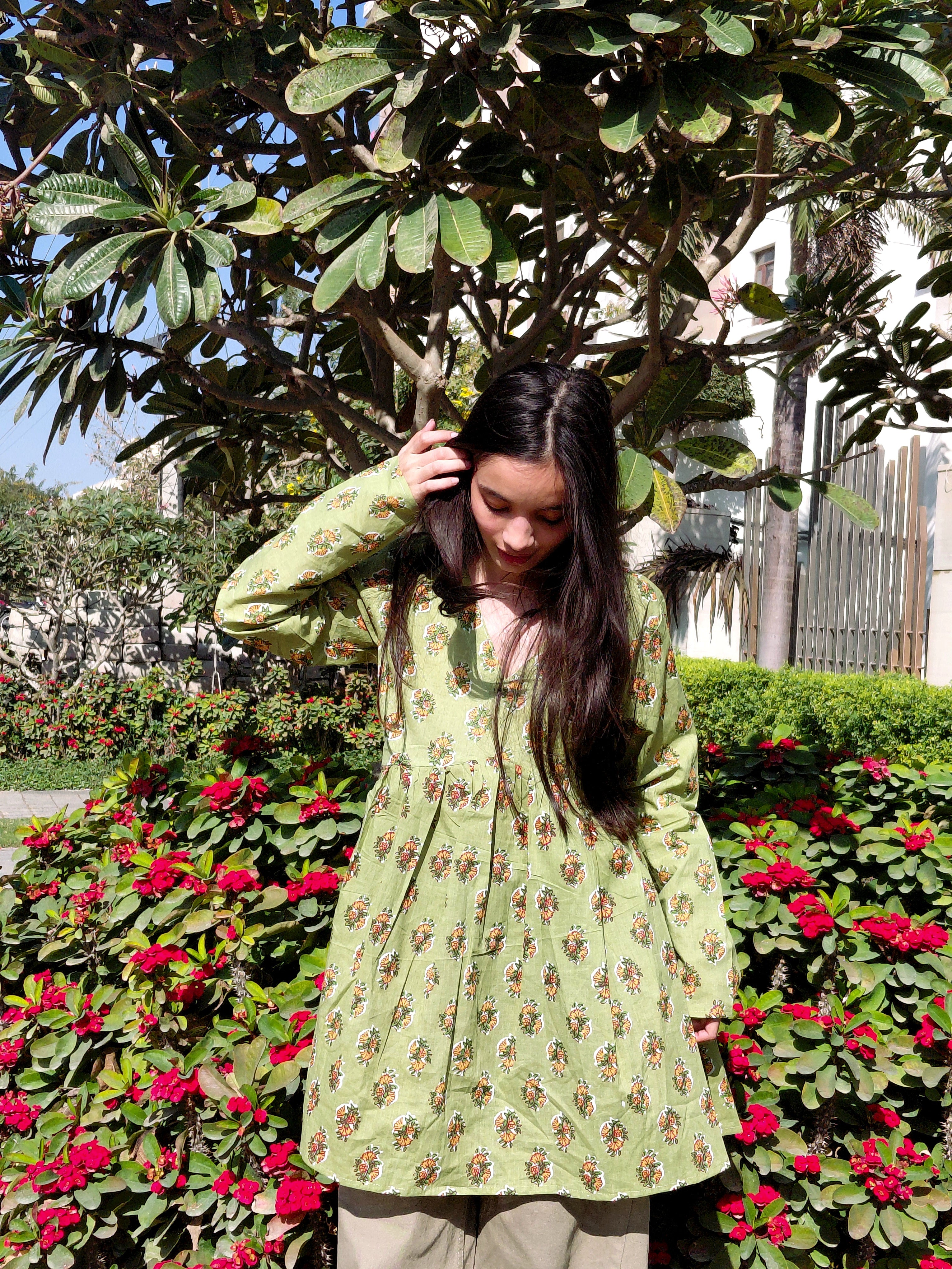 The Avni Sage Floral Peplum Kurti