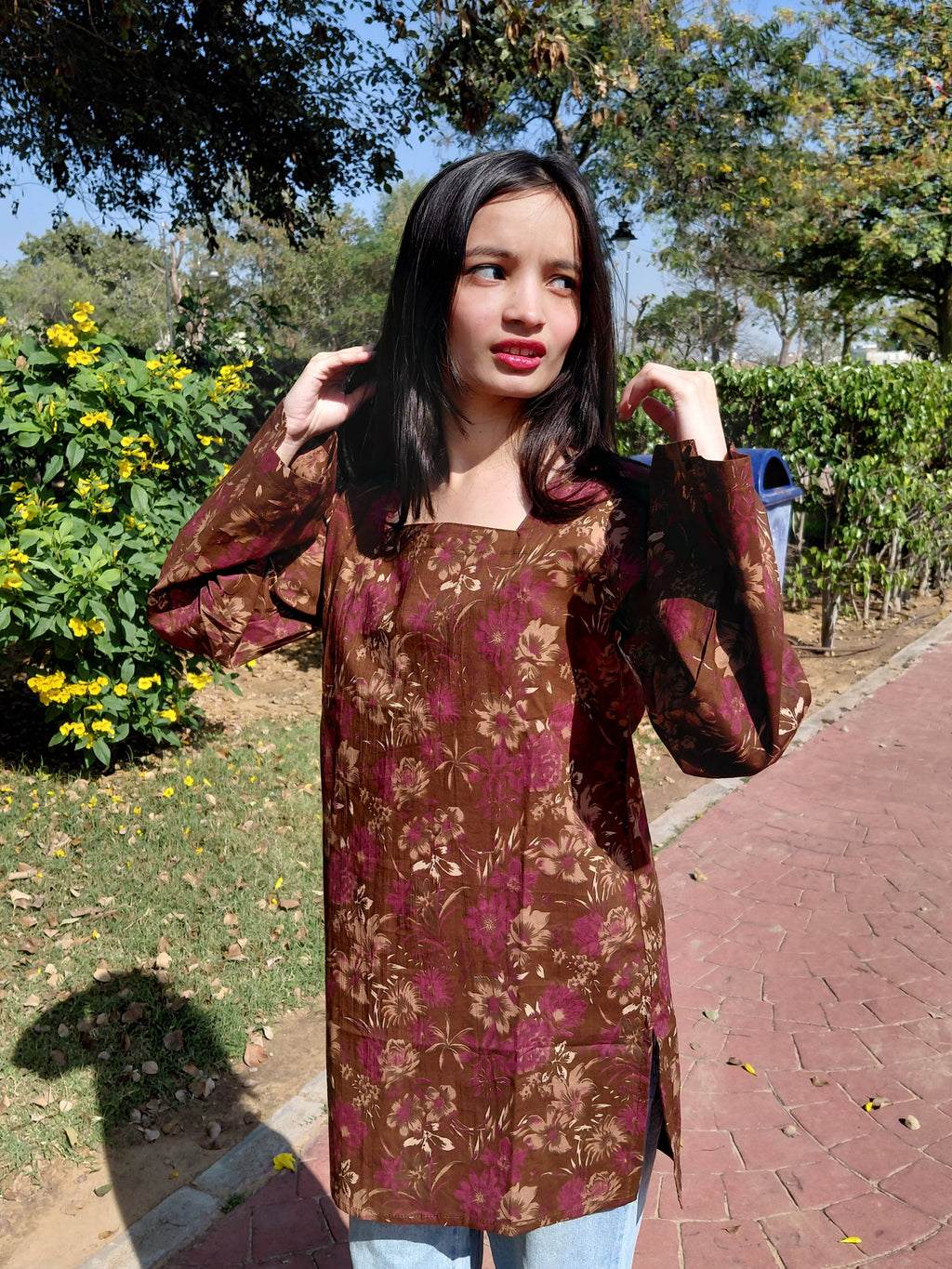 Diya Earthy Autumn Short Kurti - Brown Floral Bell Sleeve Kurti