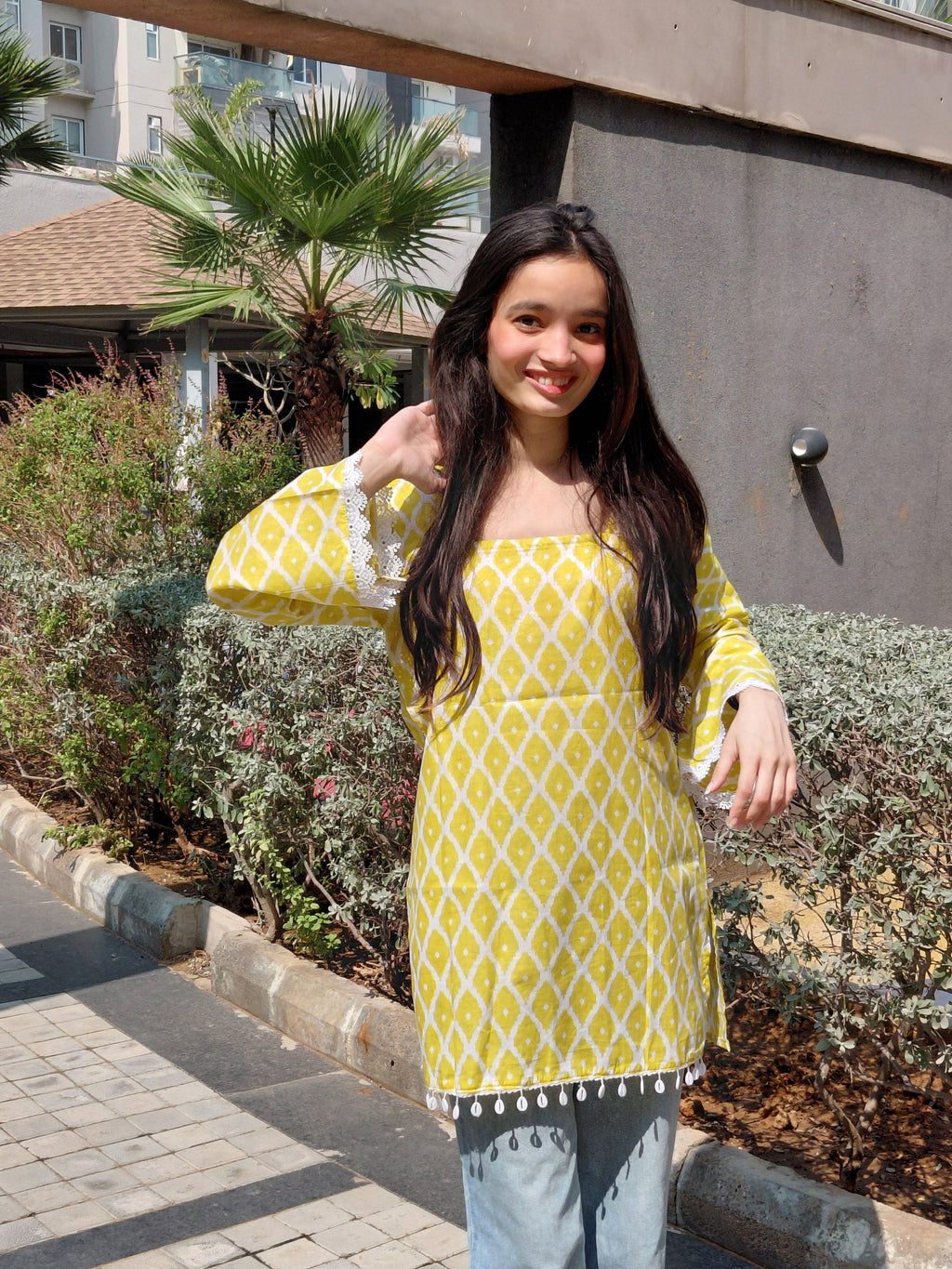 The Amaya Kurti – Yellow Printed Short Kurti with Lace Details