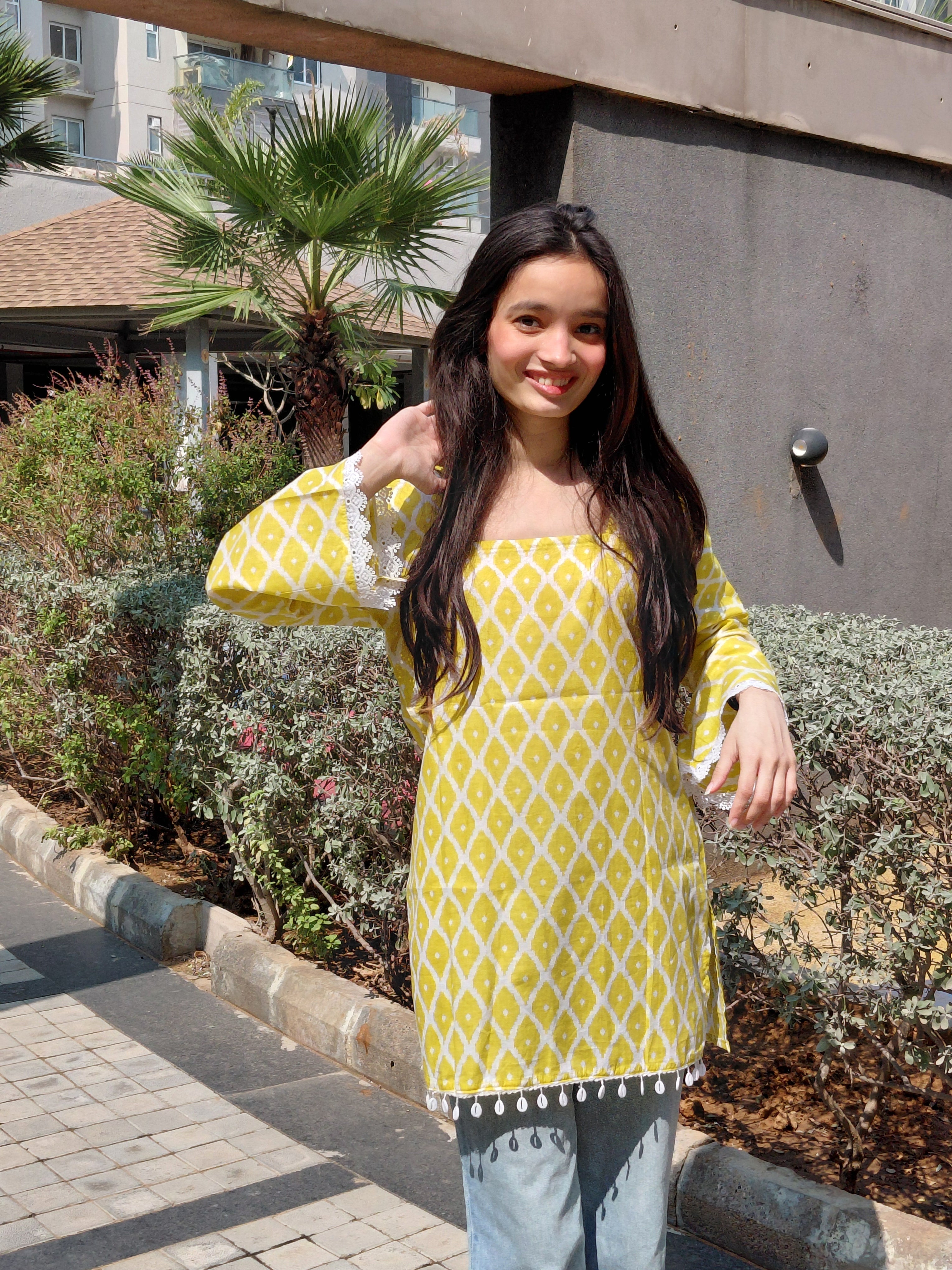 The Amaya Kurti – Yellow Printed Short Kurti with Lace Details